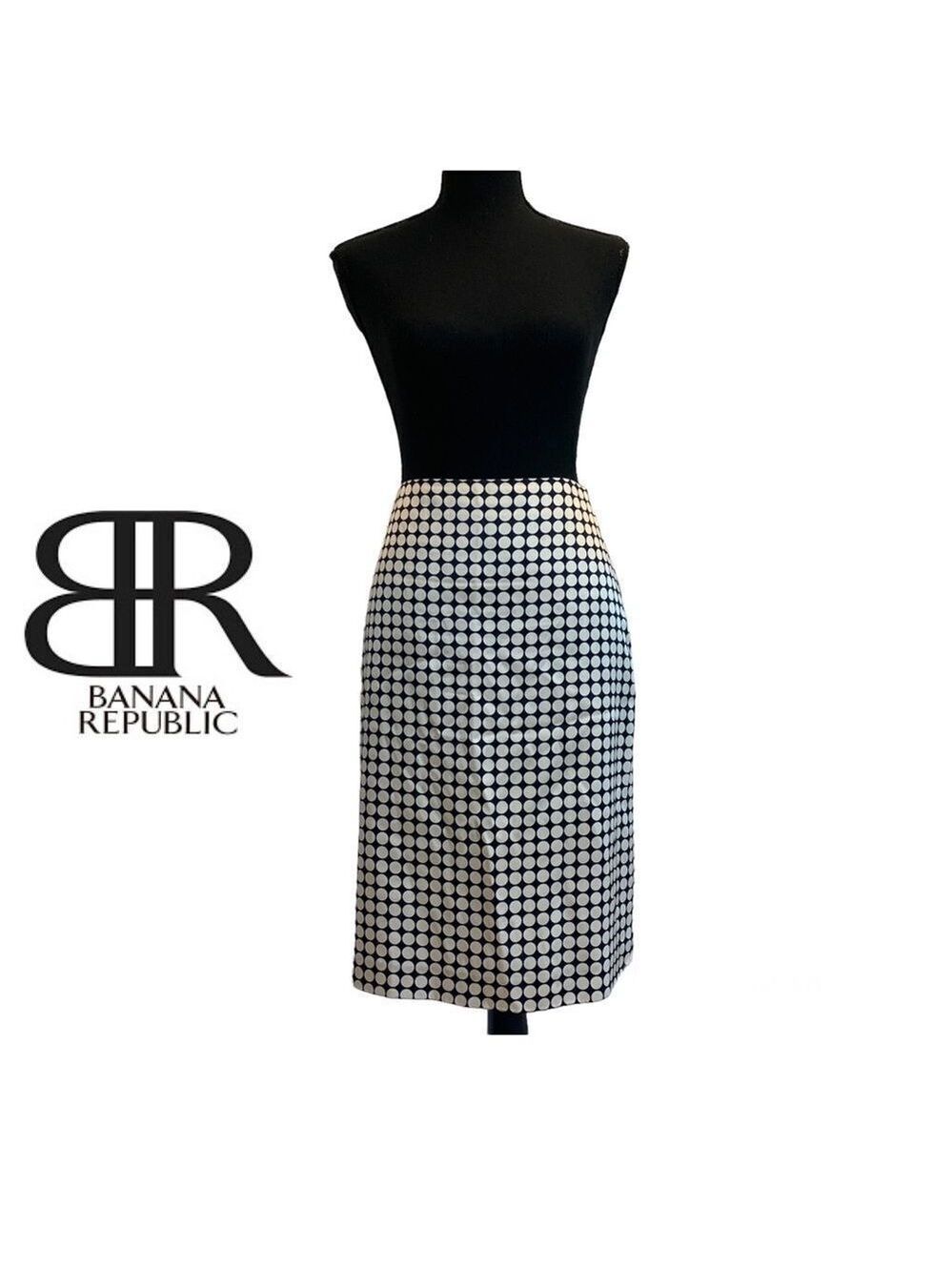 Banana Republic polka dot pencil skirt 100% silk Sz 2 Ivory white black🇨🇦
